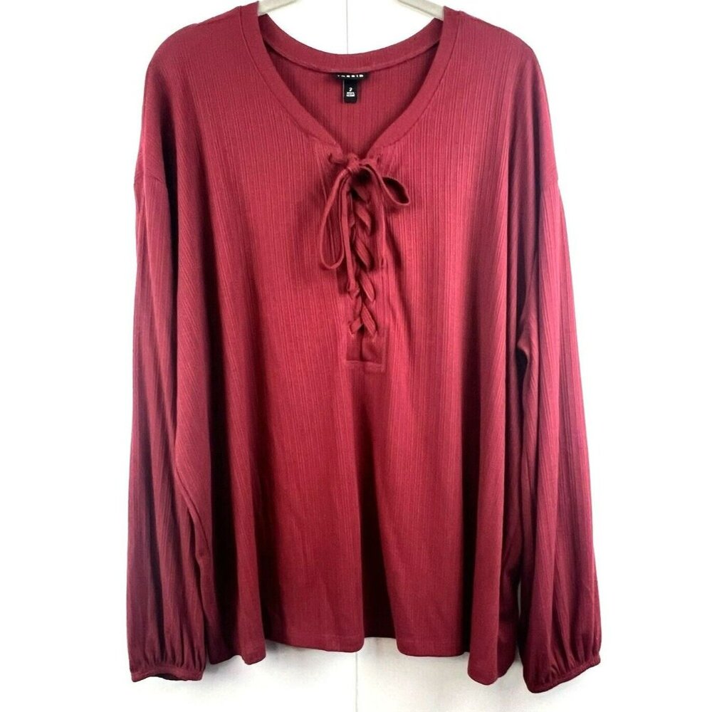 Torrid Women's Top Size 2X Burgundy Waffle Knit Long Sleeve Pullover Tie‎ Front